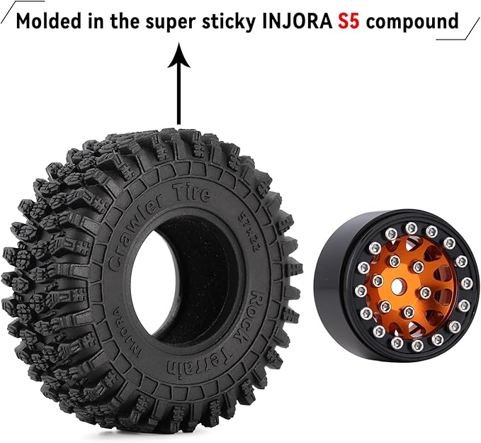 INJORA 1.0 Beadlock Wheel S5 Super Soft Sticky Crawler Tires for TRX4M Axial AX24 SCX24 FCX24 Enduro24 Upgrade, 57 * 22mm(Gold)