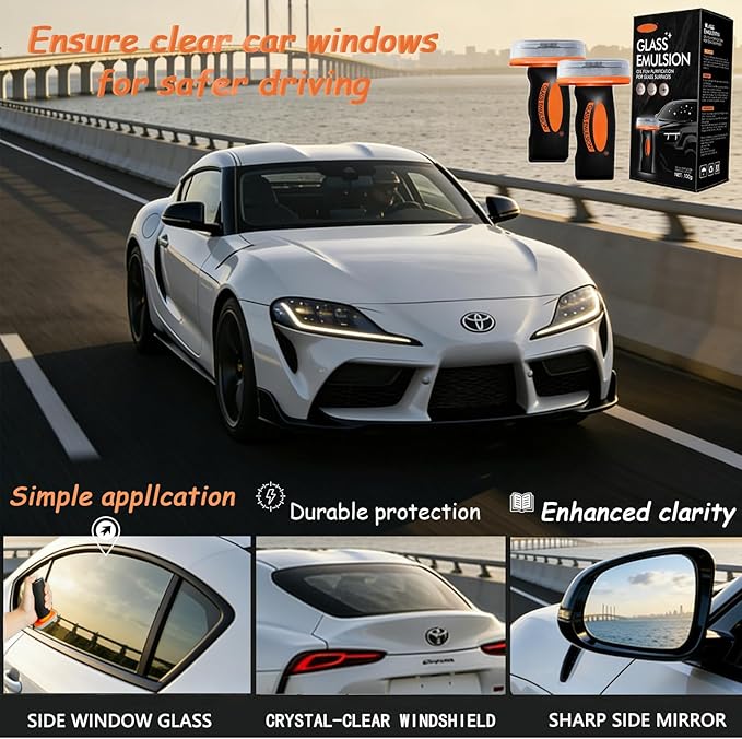 2Pcs Glass Oil Film Remover, Advanced Auto Glass Polish & Hydrophobic Coating with Ergonomic Applicator, Professional Windshield Restorer for Luxury Vehicles & Architectural Glass