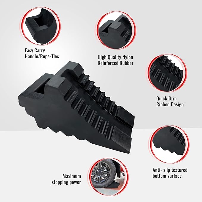 HOXWELL Solid Heavy Duty Rubber Wheel Chocks 4 Packs for Cars, RVs, Trucks, Trailers, ATV, and Vehicles, G.V.W. up to 8T, Anti Slip Bottom Tire Chock 8.6" x 3.7" x 4.7"