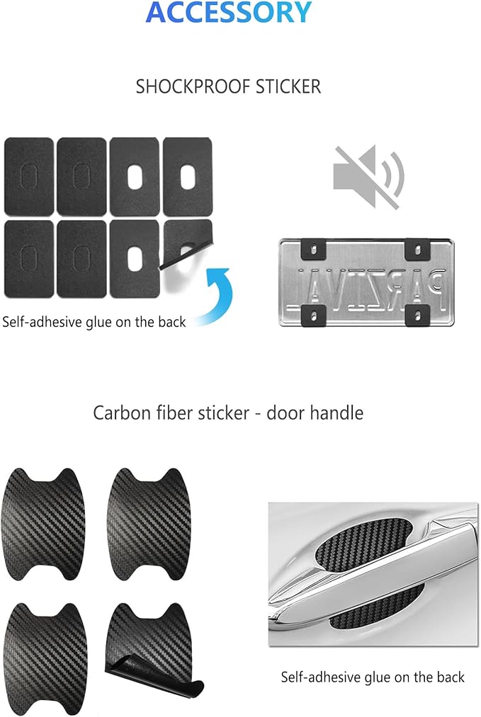 Carbon Fiber License Plate Frames- Black Carbon Pattern Aluminum Front & Rear Car Tag Holder Cover 2 Pack with Mount Hardware, Screws, Caps, Handlebar Stickers