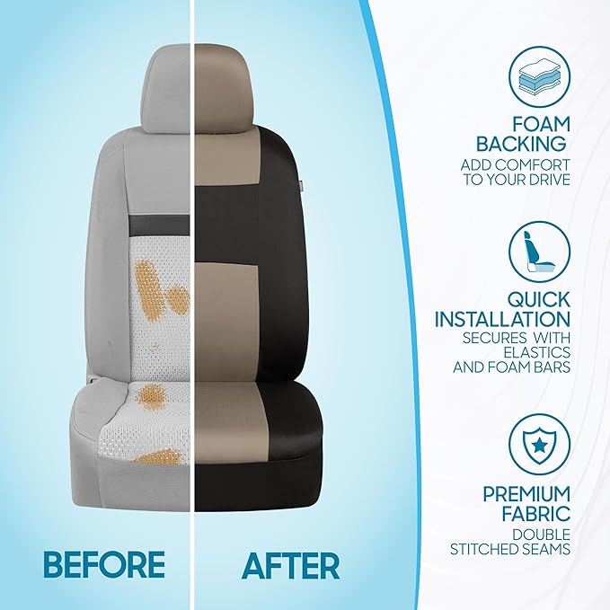 BDK PolyPro Car Seat Covers Full Set in Light Beige on Black, Front and Rear Split Bench Seat Covers for Cars, Easy to Install Car Seats Cover Set and Accessories for Auto Trucks Van SUV - Light Beige