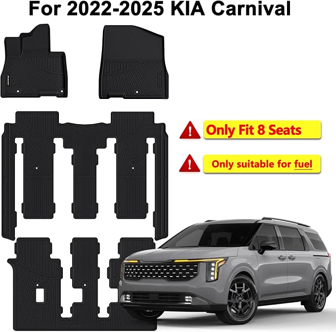 Floor Mats for 2022-2025 2026 KIA Carnival Gas 8 Seats (Not for Prestige & Hybrid),TPE All Weather Protection 1st & 2nd 3rd Row Floor Liners Accessories,Black