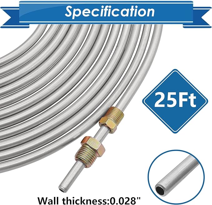 3/16inch x 25 ft Brake Line Tubing Kit Flexible Zinc Coated Alloy Brake Line Tubing Coil with 16 Inverted Flare Fittings SAE Standard