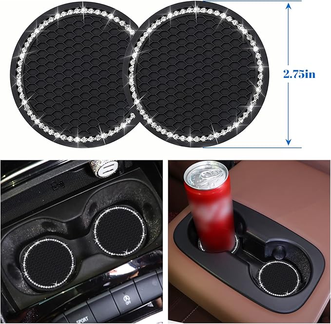 Bling Car Accessories for Women,7 Pack Sparkly Rhinestone Diamond Steering Wheel Cover Set,Bling Seat Belt Cushion,Shift Knob Cover,Push Start Button Accessories,Car Cup Coaster,Silver