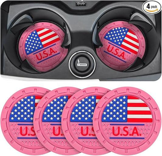 AUCELI 4 Pack Car Cup Holder Coasters, Colored American Flag US Flag Insert Car Cup Coaster, 2.75 Inch Anti Slip Shockproof Embedded Drink Mat, Vehicle Interior Decor Accessories
