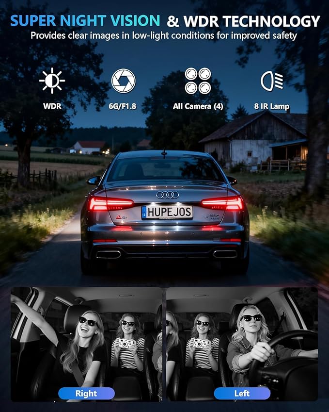 HUPEJOS AI Dash Cam Front Rear Inside with Driver Monitor System, 360° Car Camera 4K, 4 Channel Camera for Cars, WiFi GPS, Dashcam 64GB SD Card, Night Vision, 24H Parking Mode, Upgrade DMS V8Plus