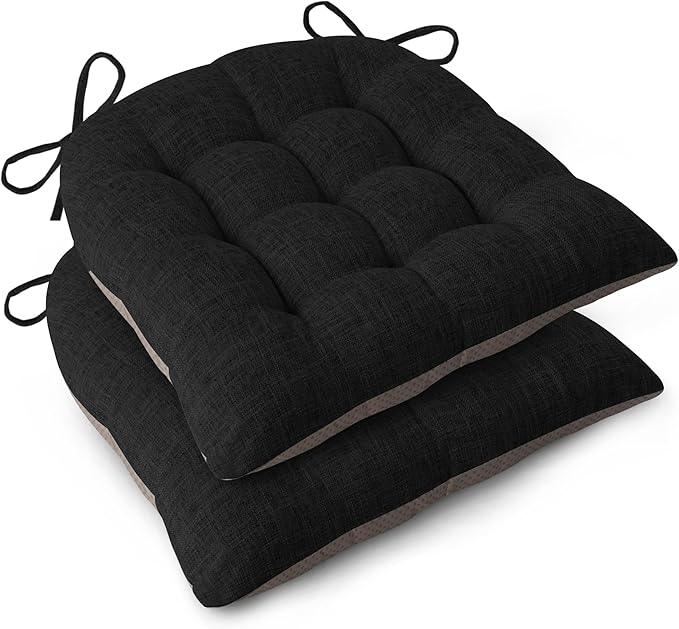 Chair Cushions for Dining Chairs Set of 2 Durable D-Shaped Seat Cushions with Non-Slip Backing Secure Ties Thick Cozy Seat Pad for Kitchen Dining Room Office(18x16.5x3in Black)