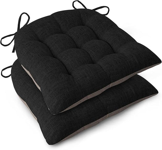 Chair Cushions for Dining Chairs Set of 2 Durable D-Shaped Seat Cushions with Non-Slip Backing Secure Ties Thick Cozy Seat Pad for Kitchen Dining Room Office(18x16.5x3in Black)