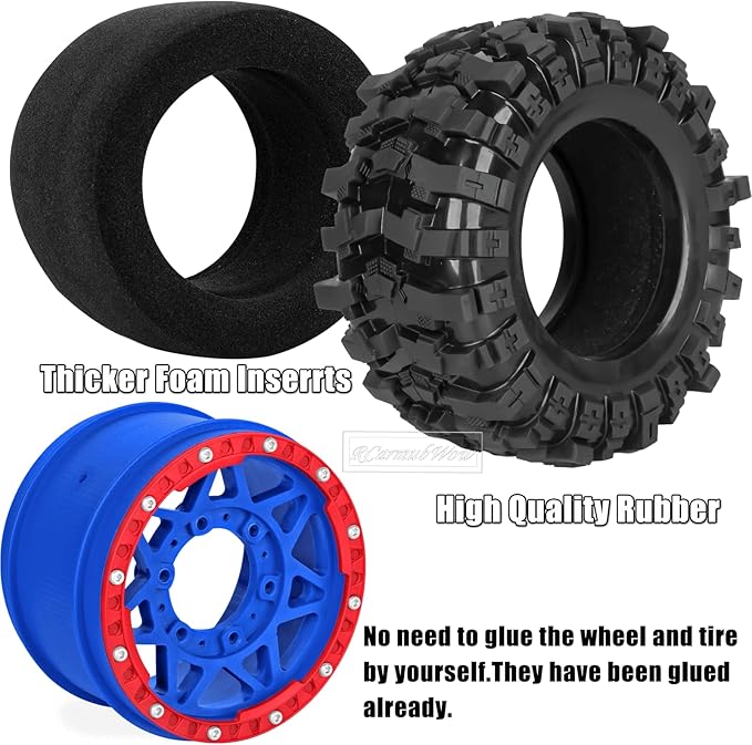 1/10 Scale RC Truck Tires,Wheels and Tires w/12/14/17MM Hex for Rustler Stampede Hoss, Granite Vorteks Big Rock 3S,1/10 Off Road Tires Rubber Truck Tyres w/Foam Insert,Navy Blue w/Red