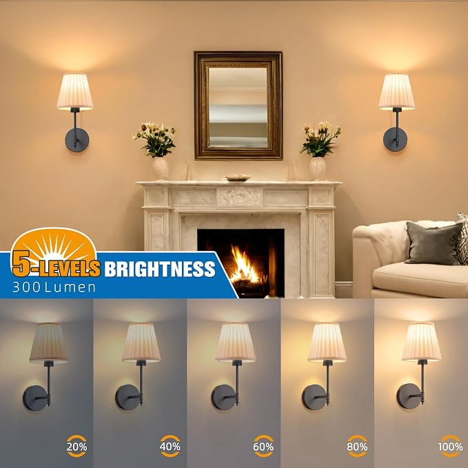NIORSUN 14.5 inch Battery Operated Wall Sconce Set of 2,Beige-Black Rechargeable Wall Lights with 10400mAh Dimmable Bulbs and Remote, 9 Colors Wireless Wall Lamps for Bedroom Living Room