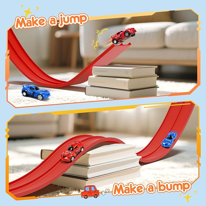 KETIEE Flex Tracks 16Ft for Kids: Flexible Race Car Ramp Track with 2 Small Racecars and 4 Suction Cups Compatible with Diecast 1/64th Cars, Rolls Up Portable Racetrack for Ages 3 & Up