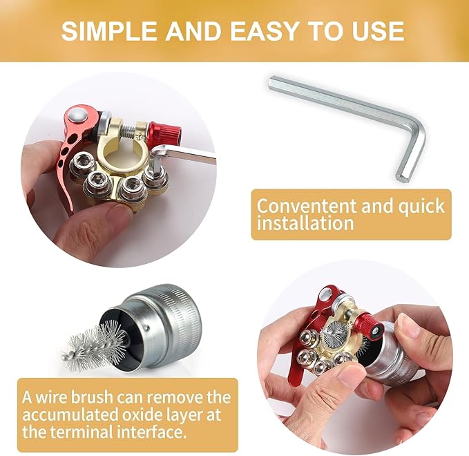 SINGARO Car Battery Terminal Clamp Connector, 4 Way Positive and Negative Pole Quick Release Terminal Clip, Applicable to SAE/JIS A Type Post, Compatible with Cars, Trucks and More（Gold-B）