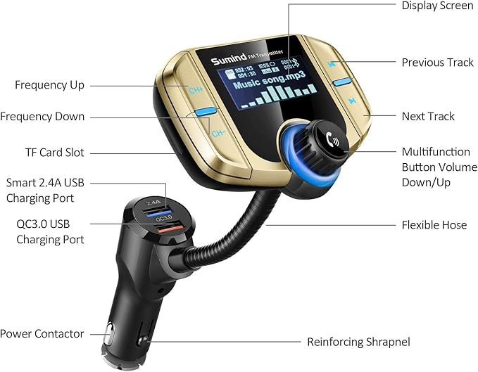 Sumind 2026 Upgraded Wireless Bluetooth Car Adapter FM Transmitter, 1.7'' LCD Display, Flexible Gooseneck, 20W QC3.0&Dual USB Ports, AUX Input/Output for Hands-Free Call, Micro/TF Card(Golden,Normal)