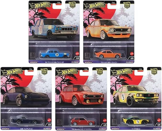 Hot Wheels Premium Car Culture Japan Historics 4 FPY86-961B: Complete 5-Car 1:64 Die-Cast JDM Set ('64 Prince Skyline GT, '72 Corolla Levin TE27, '73 Civic Custom, Mazda RX-3, Nissan Fairlady Z)
