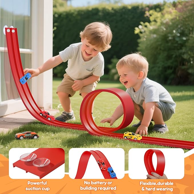 KETIEE Flex Tracks 16Ft for Kids: Flexible Race Car Ramp Track with 2 Small Racecars and 4 Suction Cups Compatible with Diecast 1/64th Cars, Rolls Up Portable Racetrack for Ages 3 & Up