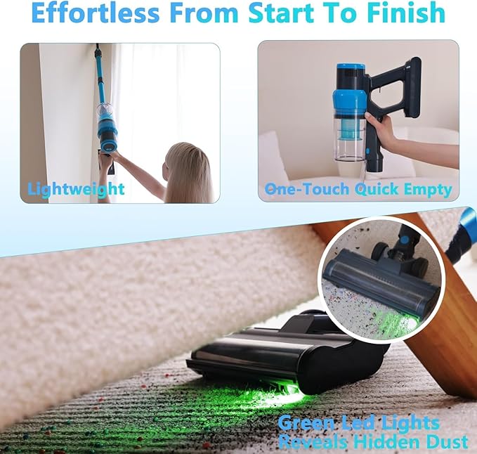 Cordless Stick Vacuum Cleaner: 45kPa Powerful Suction & 60Min Runtime, Self-Standing with Green Light & Anti-Tangle Brush, Rechargeable Lightweight Vacuum for Home Pet Hair on Carpets and Hard Floors