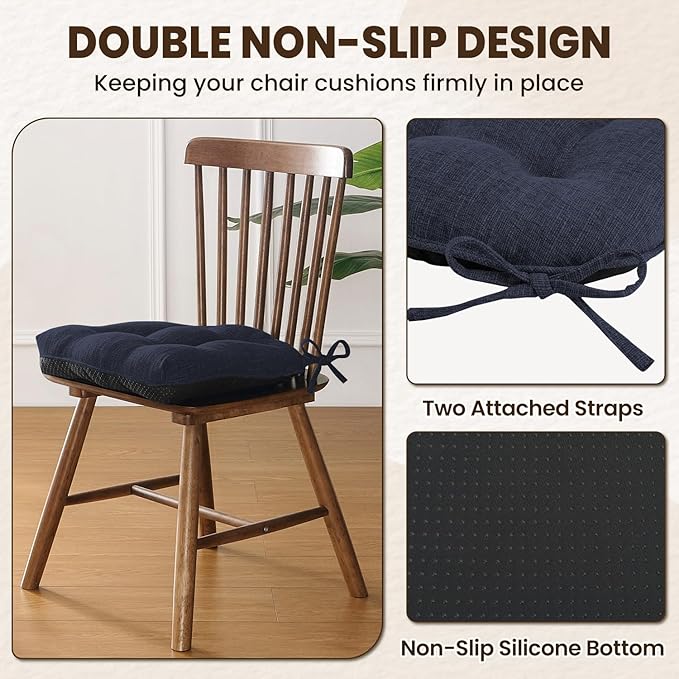 downluxe Indoor Chair Cushions for Dining Chairs, Tufted Overstuffed Textured Foam Kitchen Chair Pads with Ties and Non-Slip Backing, 15.5" x 15.5" x 4", Navy, 4 Pack