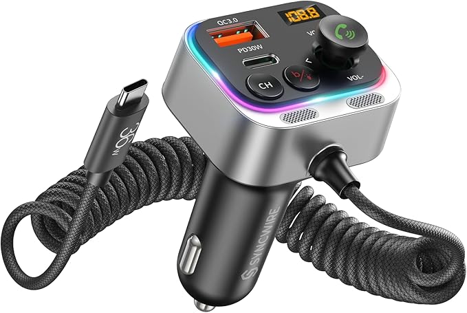 Syncwire Bluetooth 5.4 FM Transmitter Car Adapter 66W PD & QC 3.0 Fast Charging with USB-C Cable Wireless Radio Adapter with Light Control, HiFi Bass, Hands-Free Calling and Strong Mics