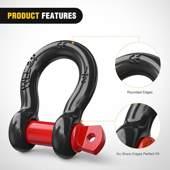Nilight 2 Pack Small Shackles 1/2" D-Ring Shackle 2 Ton (4409 lbs) Capacity Heavy Duty Off Road Recovery Shackle Kit for Cars and Other Applications for Tie Downs, Black Red