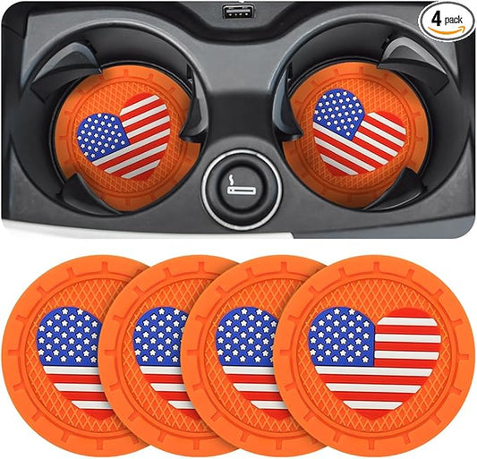 AUCELI 4 Pack Car Cup Holder Coasters, Colored American Flag US Flag Insert Car Cup Coaster, 2.75 Inch Anti Slip Shockproof Embedded Drink Mat, Vehicle Interior Decor Accessories