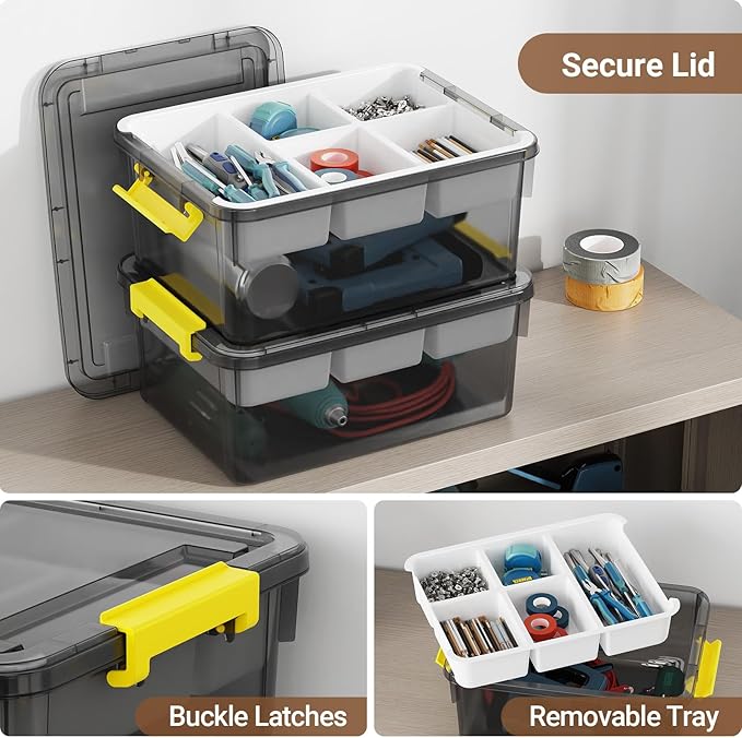 40Qt Stackable Storage Bins with Lids & Trays, Clear Plastic Latching Boxes Organizers with Dividers Portable 10Gal Containers for Arts & Crafts, Home & Car Trunk Organization, Grey, 2Pack