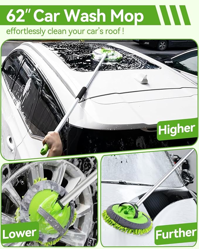 8Pcs Car Wash Kit, 62’’ Car Wash Brush with Long Handle, Microfiber Carwash Kit Set, Car Washing Supplies for Cars RV Truck Exterior