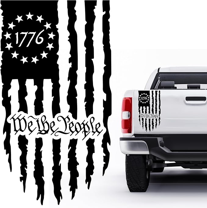 GRITKULTURE We The People Distressed American Flag Decal Vinyl for Trucks, Cars, Tailgate, Windows Preamble of The US Constitution fits Most Pickup Trucks-Rear USA Flag Car Sticker (Black)