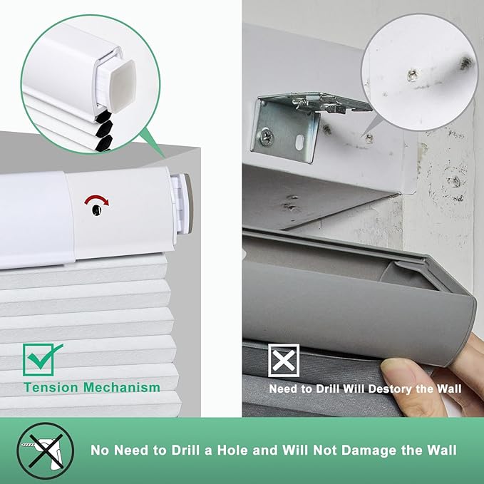 Tonature No Drill Cellular Shades for Indoor Windows, Thermal Insulating & Noise Reducing Honeycomb Blinds, Free Stop Cordless Blackout Shades, White,41" W x 48" H
