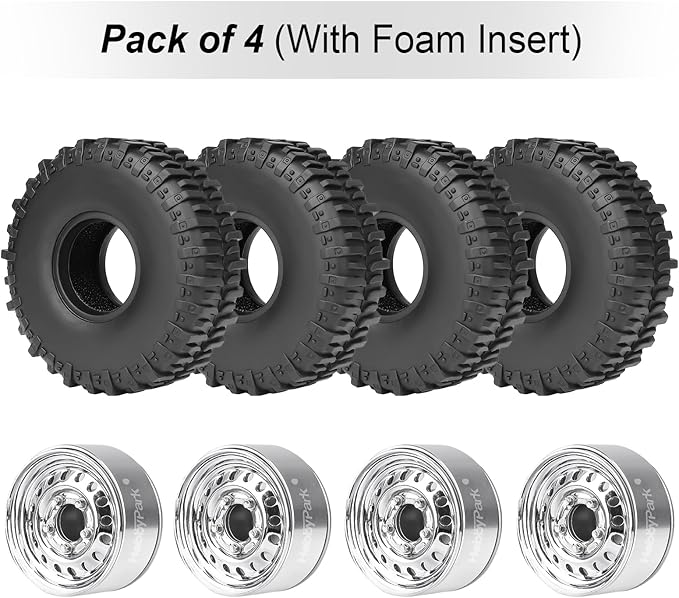 HobbyPark 1.0 Beadlock Wheels and Tires Negative Offset Stamped Steel 1.0" Wheels 1.0 Beadlocks for 1/24 1/18 RC Crawler TRX4M SCX24 FCX24 Upgrades Parts Soft Rubber Good Grip (w/59x21mm Tires)