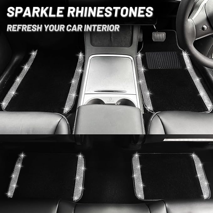 NBTEPEM 12 Pcs Bling Car Accessories Set for Women Car Floor Mats Full Set Steering Wheel Cover Seat Belt Covers Coasters Universal Fit Car SUV Truck Van Silver