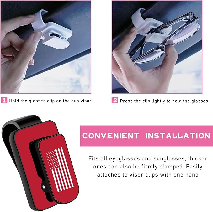 Ohleats Sunglasses Holder for Car Sun Visor, US Flag Metal Auto Eyeglass Hanger Clip, Multi-Function Ticket Card Clip Eyeglasses Mount, Truck Car Accessories for Men Women (Red)