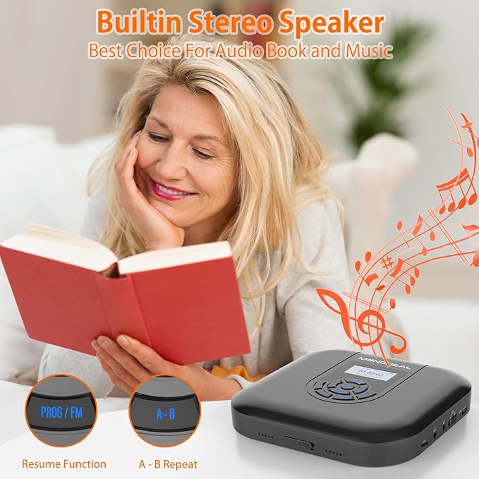 MONODEAL CD Player Portable, Bluetooth CD Player with Speakers and FM Transmitter, Rechargeable 1800mAh Player for Car and Home with LED Screen
