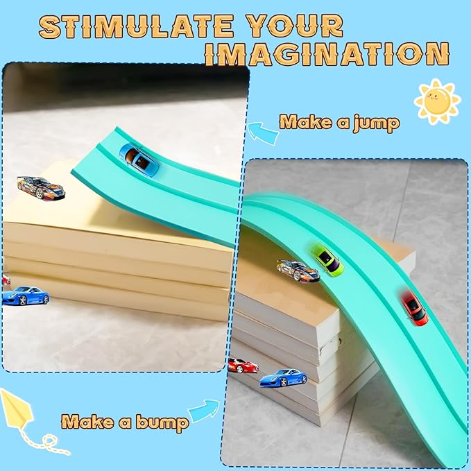 Flex Track 15 Ft Starter Set, Flexible Race Car Ramp Track for Ages 3 & Up with Suction Cups Compatible with Diecast 1/64th Cars