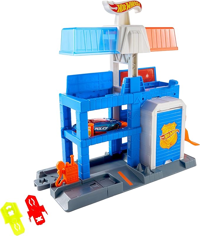 Hot Wheels Toy Car Track Set, City Downtown Police Tower Playset & 1:64 Scale Die-Cast Police Vehicle, Expands to 3 Levels, Speed Snap Track System