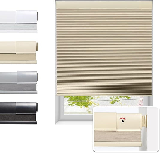 Tonature No Drill Cellular Shades for Indoor Windows, Thermal Insulating & Noise Reducing Honeycomb Blinds, Free Stop Cordless Blackout Shades, Beige,29" W x 80" H
