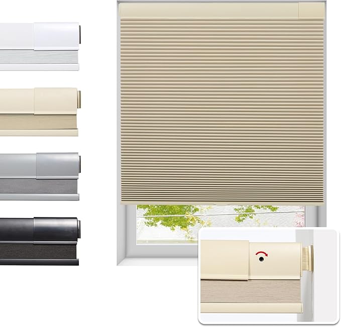 Tonature No Drill Cellular Shades for Indoor Windows, Thermal Insulating & Noise Reducing Honeycomb Blinds, Free Stop Cordless Blackout Shades, Beige, 41 1/2" W x 64" H