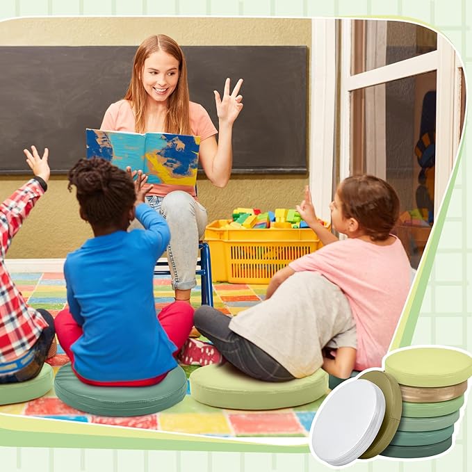 Juexica 8 Pcs Extra Thick Flexible Seating Floor Cushion Assorted Colored Floor Pillow Classroom Seat Cushion Soft Classroom Seating for Kid Learning(Matcha Color,13.8 x 13.8 x 2 Inch,Round)