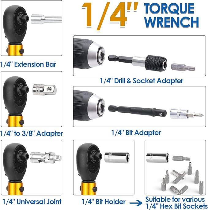 YIYEIE 50Pcs Master Bike Torque Wrench Set, 1/4 Inch Drive, 10-230 IN.LB (1-26.0 Nm), Inch Pound Click Torque Wrench with Bit Sockets, 0.1 Nm Micro, 3/8 Adapter, Pro Bicycle Tool Kit for MTB