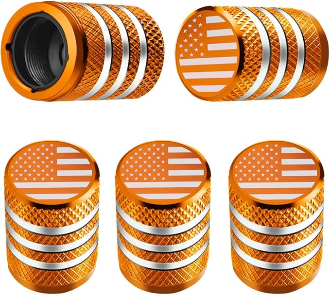Tire Valve Stem Caps - (5 Pack) Tire Air Caps Metal with Plastic Liner Corrosion Resistant Leak-Proof American Flag for Car Truck Motorcycle Bike Orange