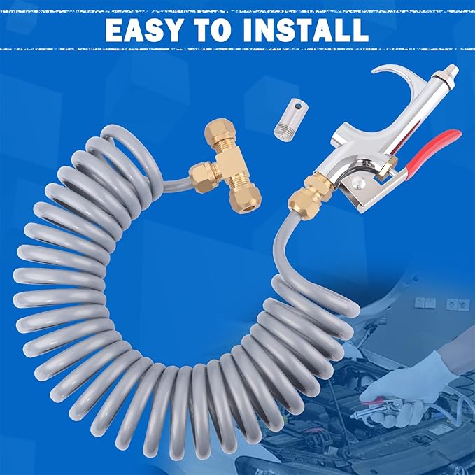 Heavy Duty Truck Air Seat Blow Gun Kit 1/4 Inch 11.5FT PA Nylon Coil Air Hose Brass Compression Fittings Connect Lever Air Duster Blow Gun Cleaning with 2 Nozzle Tips Gray