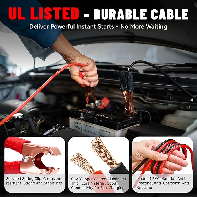 COOGEO 15PC Car Emergency Kit with Jumper Cables, Roadside Assistance Safety Kit for Auto & Truck, Includes Safety Hammers, Tow Strap, Warning Triangle, First Aid, Gifts for Young Men or Women, Black