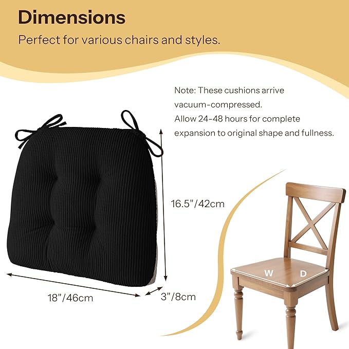 Indoor Kitchen Chair Cushions Set of 2 18"X16.5"X3" Soft Anti Slip Dining Chair Pads Tufted Kitchen Seat Cushion with Ties, Black