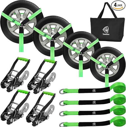 4 Pack Car Tie Down Straps for Trailers - 2" x 8' Heavy Duty Tire Straps with Snap Hooks - 10,000lbs Break Strength, Adjustable Lasso Style Wheel Straps for Hauling Cars, Truck, UTV(Green)