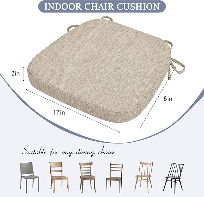 baibu Kitchen Chair Cushions, Dual-Layer Patented Design Molded Memory Foam Dining Chair Pads with Ties and Washable Cover, 17" x 16" x 2", Beige