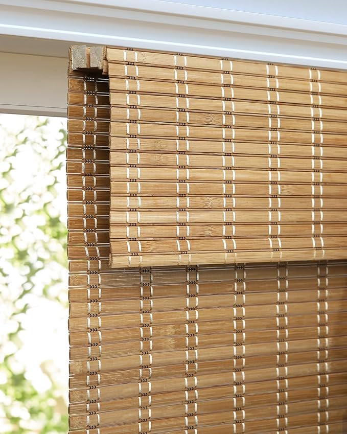 LazBlinds Cordless Bamboo Roman Shades, Light Filtering Window Blinds for Interior Windows, Privacy Roll Up Bamboo Blinds and Shades for Home & Patio, 59" W x 36" H, Brown