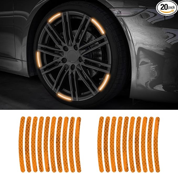 20PCS Reflective Car Wheel Decorative Stripe Stickers, Night Safety Warning Tape Sticker, Anti-Scratch Tire Rims Sticker, Universal Car Exterior Accessories Fluorescent Auto Decals for Motocycle Bike