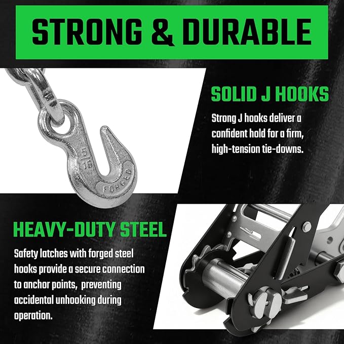 4 Pack Car Tie Down Straps for Trailers - 2" x 8' Heavy Duty Tire Straps with Chain Anchors - 10,000lbs Break Strength, Adjustable Lasso Style Wheel Straps for Hauling Cars, Truck, UTV(Green)