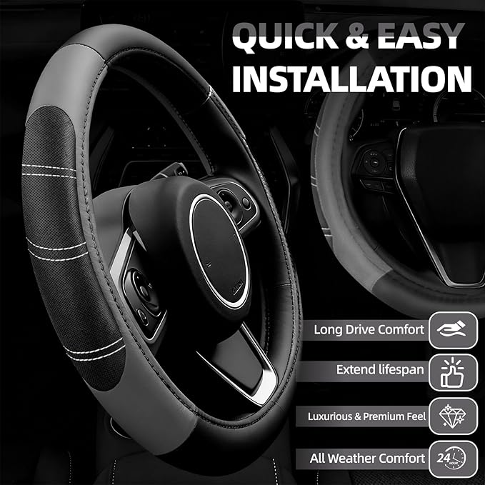 NBTEPEM 6 Pcs Gray Car Accessories Set, Sport Leather Steering Wheel Cover 14.5-15inch Universal, Microfiber Leather Car Center Console Cover, Seat Belt Cushion, Cup Holder Coaster (Black-Gray)
