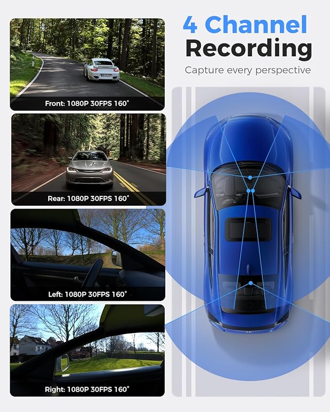 360 View 4 Channel Dash Cam Front and Rear Left Right Inside Camera for Cars, GPS and 5G Band WiFi, Night Vision, 160 Wide Angle, WDR, 24H Parking Mode, Supercapacitor, Included 128GB Card
