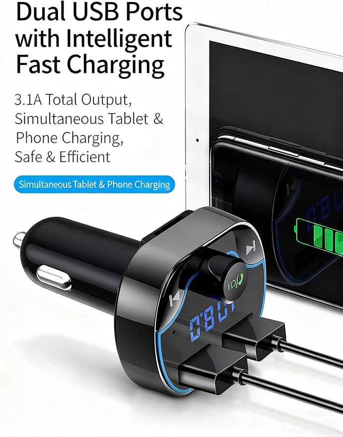 Bluetooth FM Transmitter Car Adapter with LED Voltage Display, Hands-Free Calling, Dual USB Car Charger, Supports MP3, Radio, TF Card, USB Disk Playback